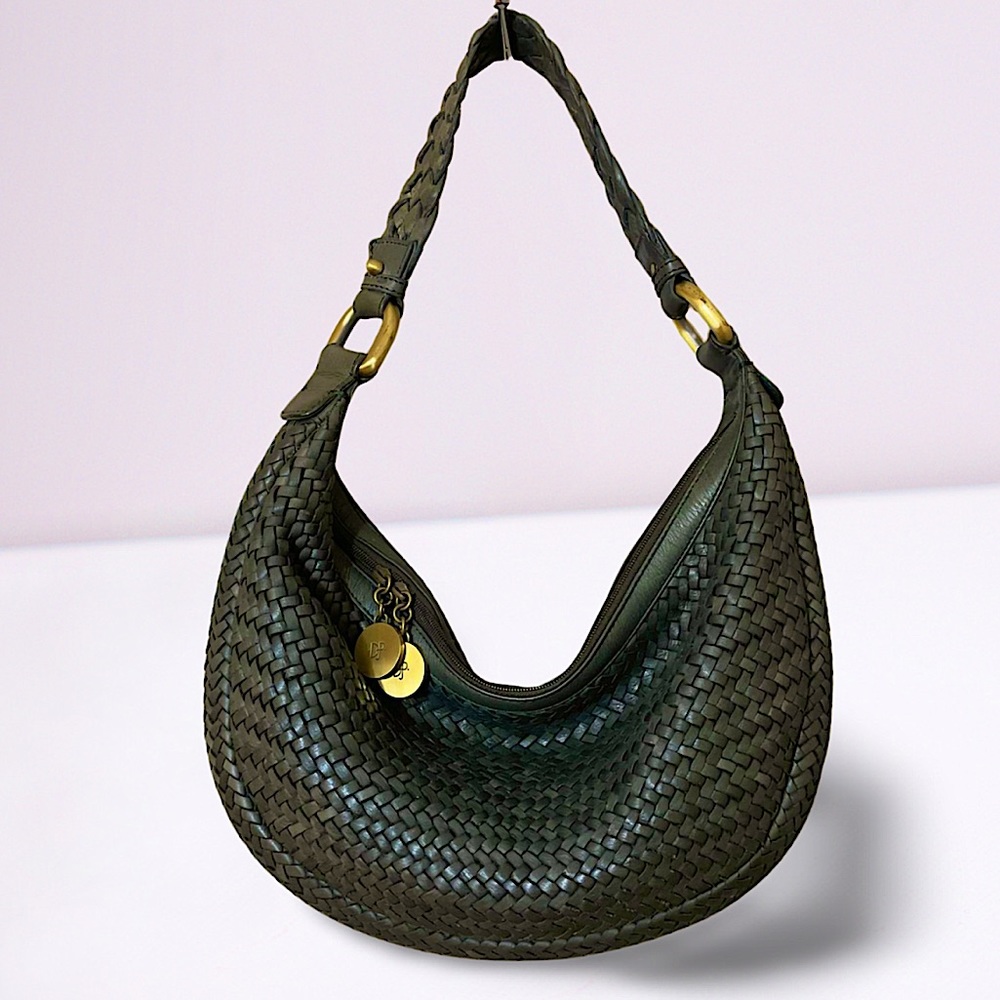 RARE Vintage Donald J Pilner Dark Green Leather Woven Hobo Bag - Brass Finish De